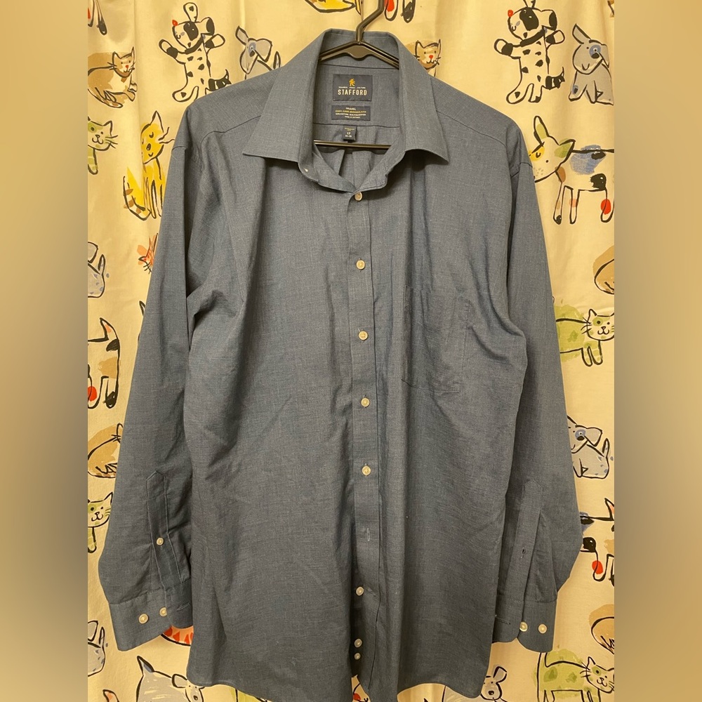 Stafford button up Office shirt in blue, size 17, 34-35, blue cotton blend.